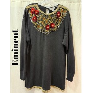 Eminent Black Beaded Sweater Size L Red Floral Embellished Holiday Vintage Chic